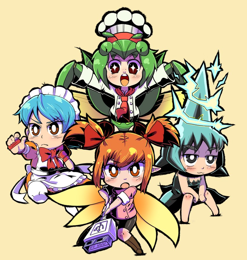 chef_hat chef_uniform clothing cross_eyes electricity female fighting_pose group hat headgear headwear humanoid_pointy_ears insect_wings maid_apron maid_headdress maid_uniform minigirl pointy_ears pose simple_background uniform wings yellow_background soxy futaba_channel nijiura_maids os-tan ce-tan chikoi-san makibishi-tan mobiko arthropod arthropod_taur elemental_creature fairy human humanoid humanoid_taur insect insect_taur mammal mantis metal_creature mineral_fauna taur