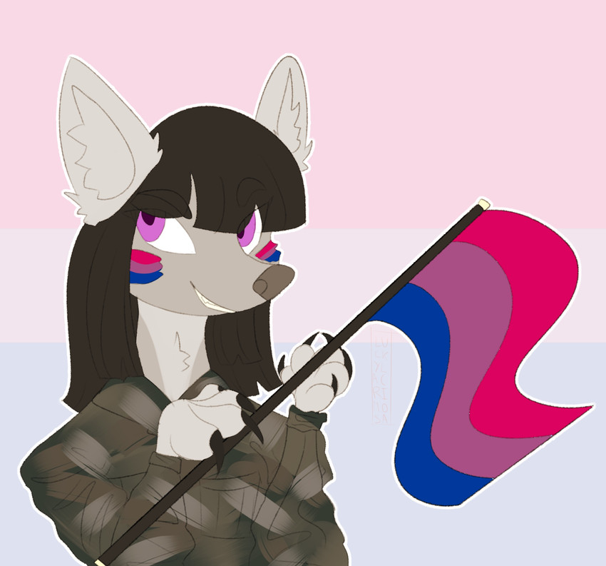 anthro bisexual_pride_colors bodypaint camo camo_clothing camo_print camo_topwear claws clothing face_paint flag flag_(object) flag_(shape) flag_bodypaint flag_design fur grey_body grey_fur hime_cut holding_flag holding_object lgbt_pride looking_away male pattern_clothing pattern_topwear pride_color_bodypaint pride_color_face_paint pride_color_flag pride_colors purple_eyes smile solo topwear luckylacrimosa matija canid canine canis mammal wolf hi_res