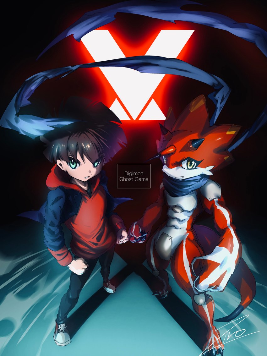 anthro brown_hair clothing duo hair hoodie male red_body scarf topwear yellow_eyes ziro_illust bandai_namco digimon digimon_ghost_game hiro_amanokawa betelgammamon digimon_(species) human mammal scalie 3:4 absurd_res hi_res