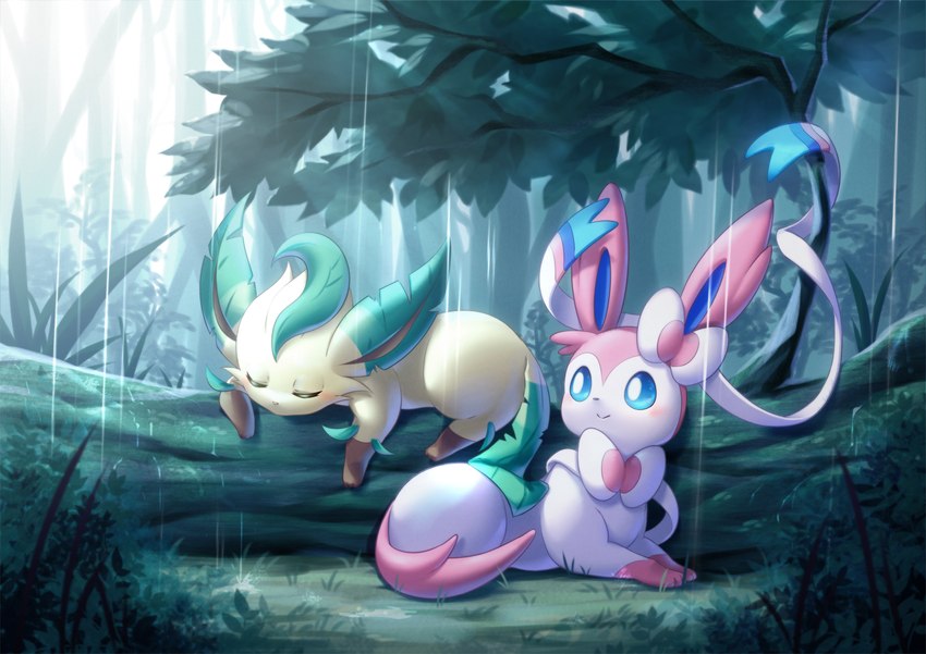 ambiguous_gender blue_sclera blush depth_of_field detailed_background duo eyes_closed feral forest forest_background head_leaf helping leaf leaf_ears leaf_tail leg_markings log lying markings nature nature_background on_front on_log outside plant raining shelter sleeping smile socks_(marking) tail tree water wood angehistoire nintendo pokemon eeveelution elemental_creature flora_fauna generation_4_pokemon generation_6_pokemon leafeon pokemon_(species) sylveon 2019 hi_res