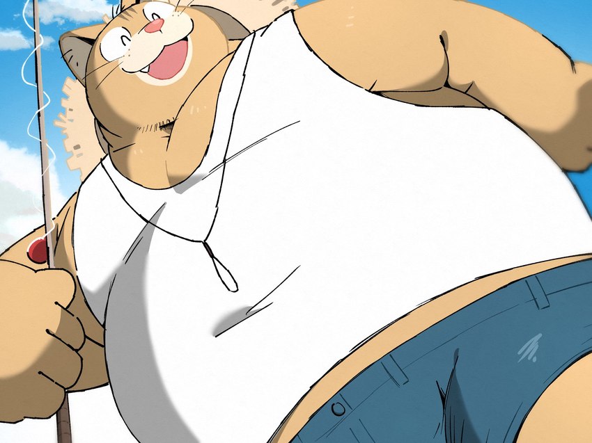 anthro belly big_belly bottomwear clothing cute_fangs eyes_closed fangs fishing_rod hat headgear headwear kemono male overweight overweight_male shirt shorts smile solo straw_hat teeth topwear uokkom ghost_cat_anzu domestic_cat felid feline felis mammal 2024 hi_res