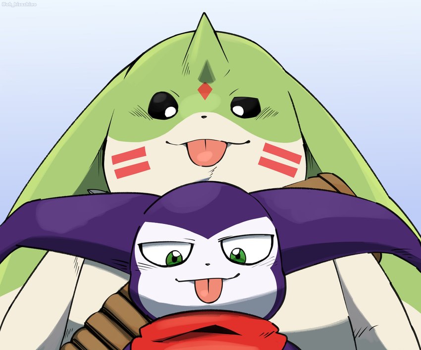 ammo_belt anthro beady_eyes bleh blep duo fur green_body green_fur horn kerchief long_ears making_faces male mischievous_smile purple_body tongue tongue_out hisashino bandai_namco digimon digimon_(species) gargomon impmon hi_res