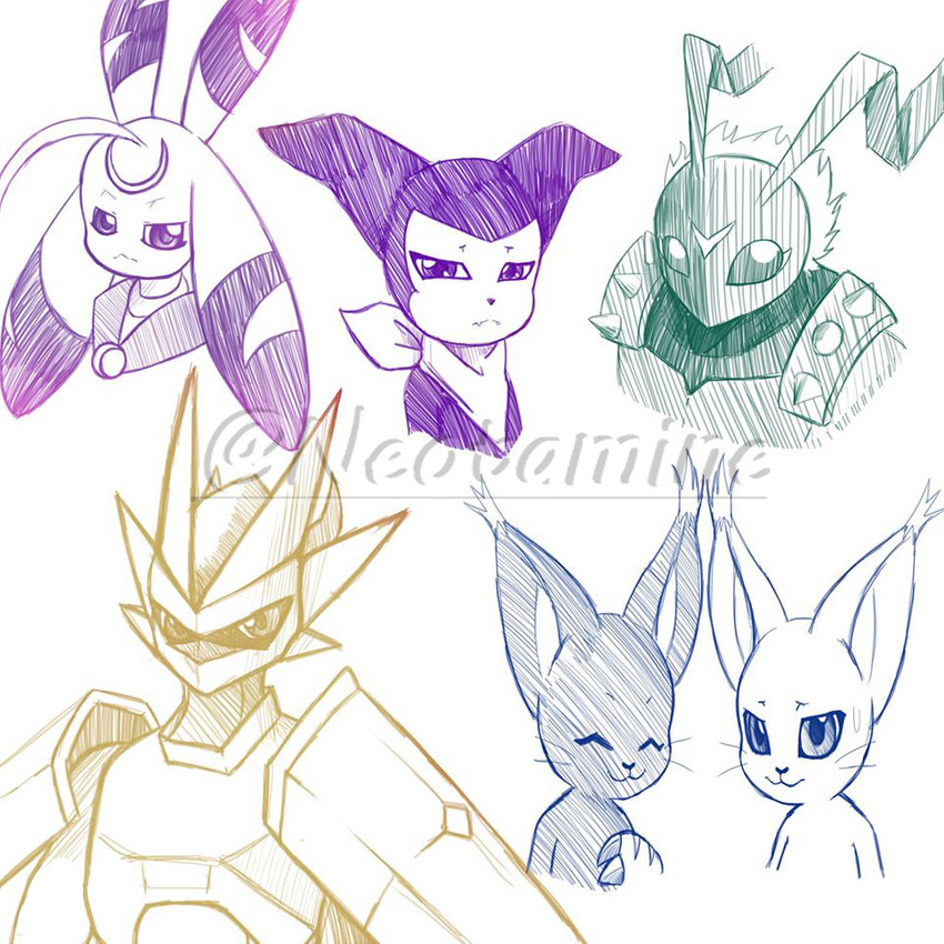 ambiguous_gender antennae_(anatomy) armor bodily_fluids claws clothing fangs gloves group hair handwear kerchief long_ears markings spikes sweat teeth neotamine bandai_namco digimon arthropod blackgatomon digimon_(species) felid feline gatomon impmon insect lunamon magnamon mammal reptile scalie stingmon 1:1 bust_portrait digital_drawing_(artwork) digital_media_(artwork) monochrome portrait