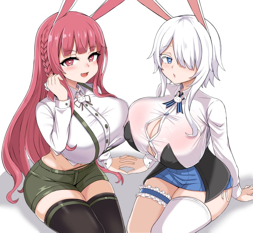 big_breasts breast_squish breasts breasts_frottage clothing duo female female/female hair hair_over_eye legwear long_hair one_eye_obstructed squish thigh_highs white_hair kim_wang_jyang animal_humanoid humanoid lagomorph lagomorph_humanoid leporid_humanoid mammal mammal_humanoid rabbit_humanoid absurd_res hi_res