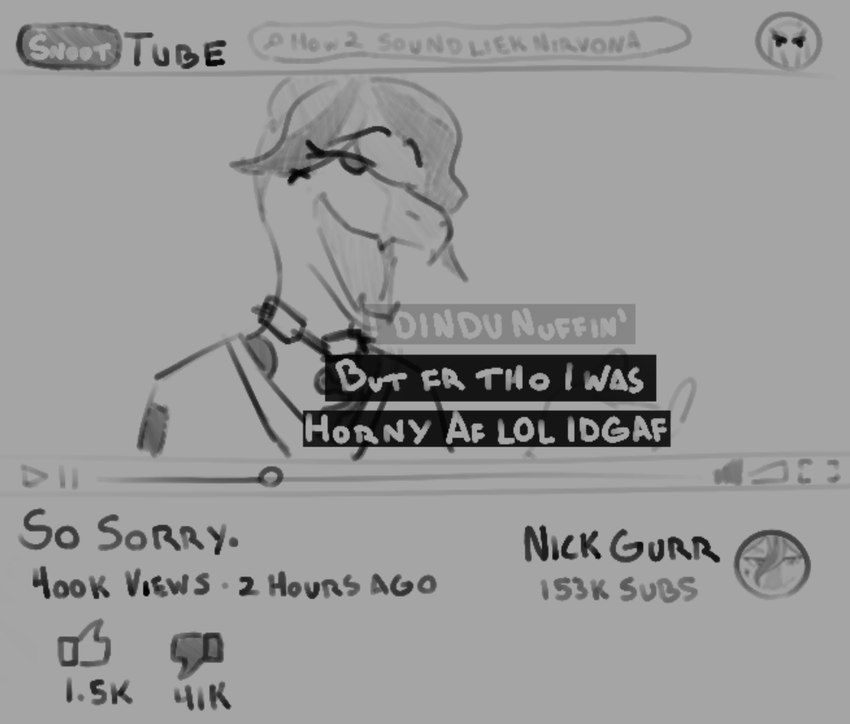 anthro chain dialogue eyelashes fingers hair male open_mouth open_smile parody short_hair smile snout solo text website dumetummy69 goodbye_volcano_high youtube nick_(gvh) baryonyx dinosaur prehistoric_species reptile scalie spinosaurid theropod 2024 black_and_white english_text monochrome sketch