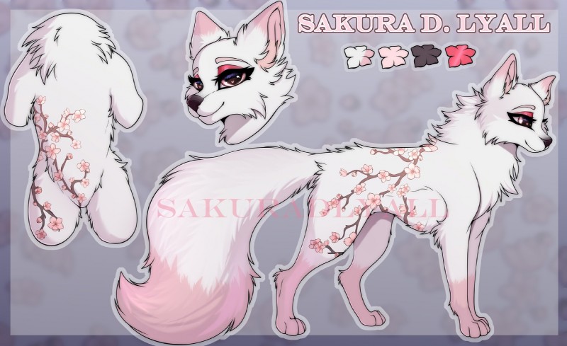 cherry_blossom female feral flower fur plant prunus_(flower) simple_background solo text white_body white_fur kuroran sakura_d._lyall canid canine canis mammal wolf english_text hi_res model_sheet