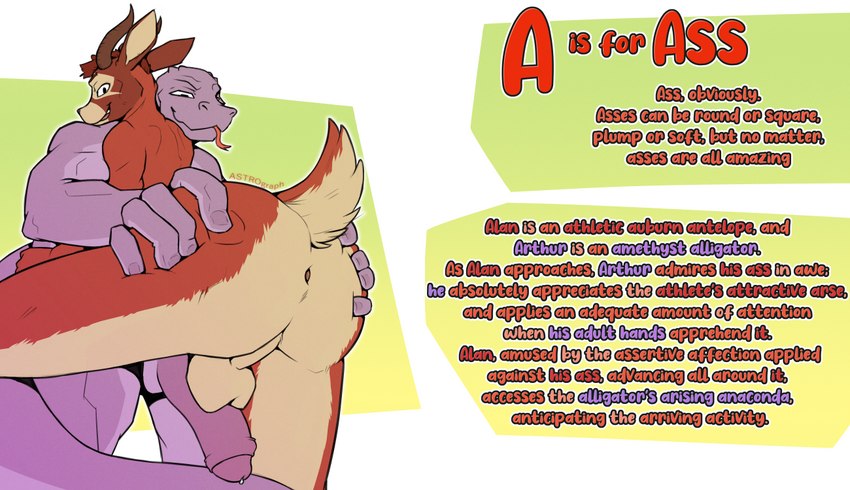 2_horns alliteration alphabet alternate_color anthro anthro_on_anthro anus athletic athletic_anthro athletic_male auburn_fur backsack balljob balls balls_on_penis bedroom_eyes butt butt_grab duo flaccid foreskin gaping gaping_anus genitals hand_on_butt horn humanoid_genitalia humanoid_penis imminent_sex leering long_tail male male/male male_on_anthro narrowed_eyes nude partially_retracted_foreskin penis prehensile_tail purple_body purple_scales rear_view red_text scales scut_tail seductive short_tail spread_butt spreading tail text astrograph alligator alligatorid antelope bovid crocodilian mammal reptile scalie 2021 digital_media_(artwork) english_text