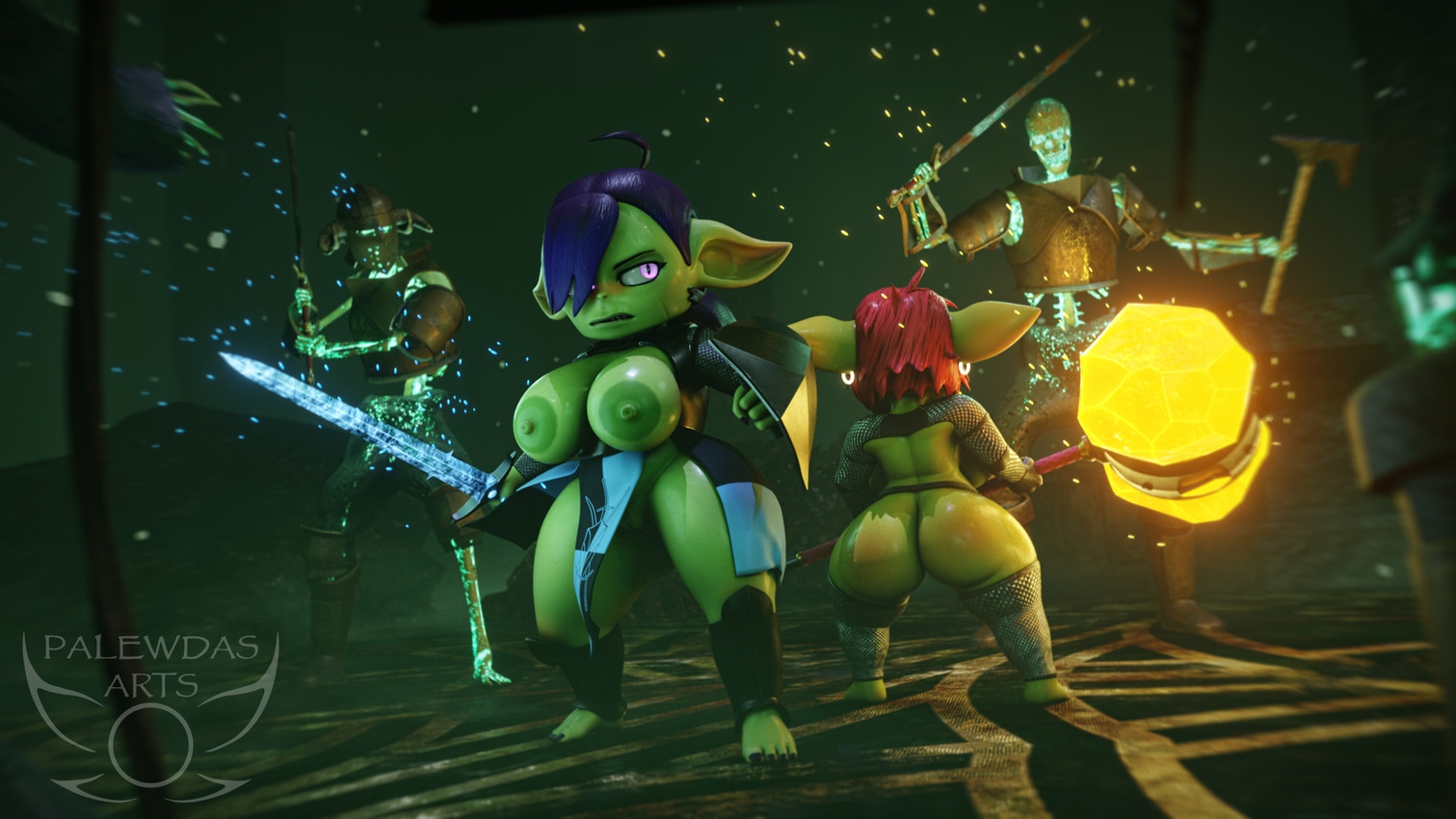 4_fingers amber_eyes areola armor atmosphere atmospheric_perspective belly bevor big_breasts big_butt big_ears biped blush bodily_fluids bone boots breasts butt chainmail clothed clothing ear_piercing ear_ring exposed_breasts faceplate fantasy female female_humanoid fingers footwear genitals giant_hammer green_body hair hammer holding_object holding_weapon knight maul melee_weapon nipples oversized_weapon paladin piercing poster purple_eyes purple_hair red_hair ring_piercing shield shoes shortstack shortstack_female skeleton slightly_chubby sweat sword thick_thighs tools unconvincing_armor vulva warrior weapon palewdas_arts palewdasarts_(modeler) enna_(palewdasarts) mina_(palewdasarts) goblin humanoid undead 16:9 3d_(artwork) digital_media_(artwork) hi_res wallpaper widescreen