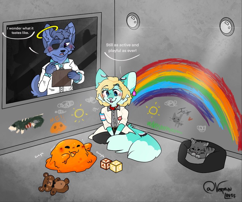 2_tails accessory ambiguous_gender anthro armband cat_bed clipboard clothing coat collar containment_cell countershading drawing ear_piercing ear_tag female feral group halo lab_coat letter_block lgbt_pride male multi_tail multicolored_armband observation_window pet_bed piercing plushie pride_color_accessory pride_color_armband pride_colors rainbow rainbow_arch scientist silhouette sitting studying tail teddy_bear text topwear toy_block transgender_pride_colors vibing vermin_louse scp_foundation lily_foxworthy scp-529 scp-682 scp-999 canid canine felid feline fennec_fox fox goo_creature mammal monster true_fox character_request trans_(lore) trans_woman_(lore)