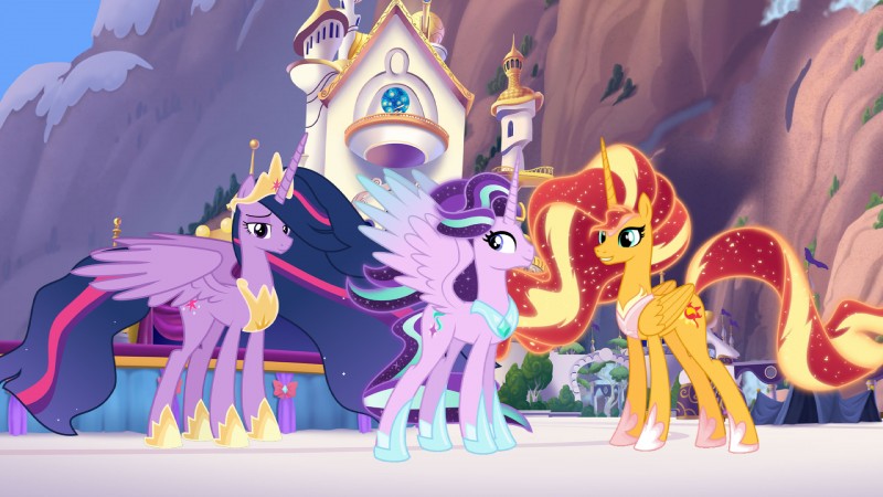 canterlot castle cutie_mark feathered_wings feathers female feral group hair horn mountain multicolored_hair outside sky smile two_tone_hair wings 3d4d equestria_girls friendship_is_magic hasbro my_little_pony mythology starlight_glimmer_(mlp) sunset_shimmer_(eg) twilight_sparkle_(mlp) equid equine mammal mythological_creature mythological_equine winged_unicorn 16:9 2019 hi_res widescreen