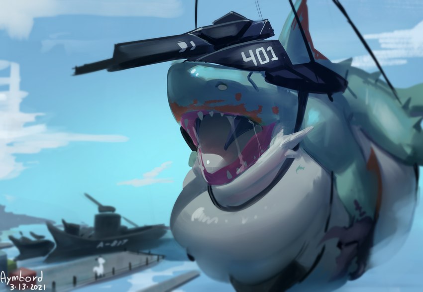 anthro belly big_belly blue_body blue_sky hand_on_belly huge_belly outside overweight sea sharp_teeth ship sky solo teeth vehicle vore water watercraft aymbord capcom monster_hunter amphibian_(mh) fish marine shark zamtrios 2021 hi_res