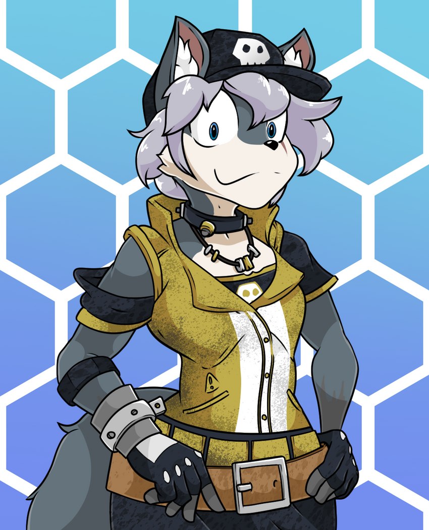 anthro belt black_nose blue_eyes bone clothed clothing cosplay crossgender exclamation_point fingerless_gloves fluffy fluffy_tail gloves grey_hair hair hands_on_hips handwear hat headgear headwear jewelry male necklace skull solo tail tinydevilhorns 2k_games borderlands azra_(vex714) gaige_(borderlands) canid canine canis fox mammal hi_res portrait three-quarter_portrait