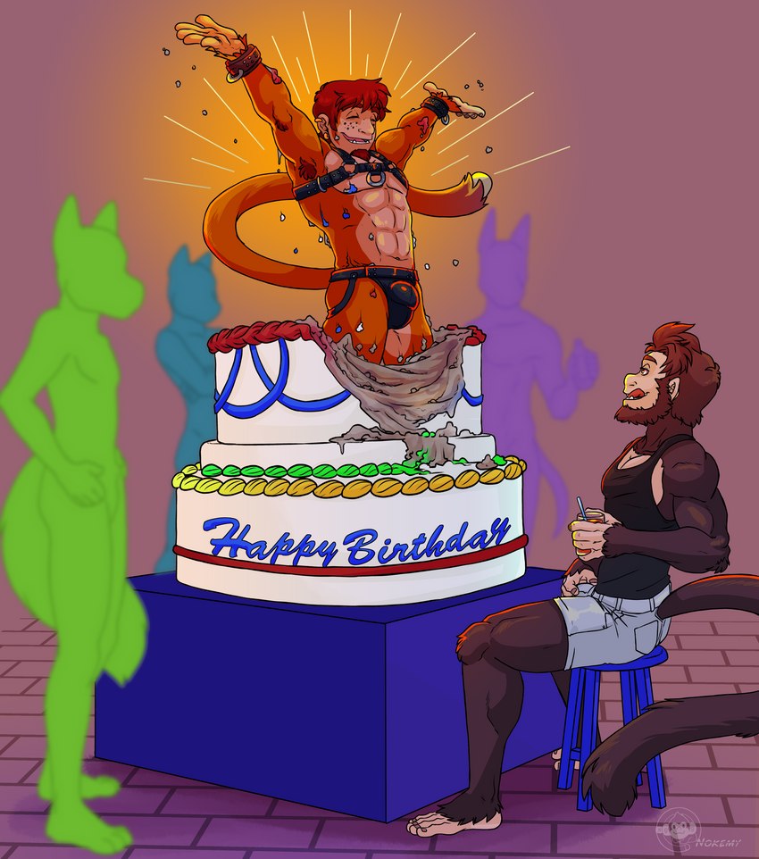 anthro birthday birthday_cake bulge bulge_rubbing cake clothing dessert facial_hair food group harness jockstrap licking licking_lips licking_own_lips male male/male self_lick shirt tank_top tongue tongue_out topwear underwear delicatessen houwang noke_(delicatessen) haplorhine mammal monkey primate absurd_res hi_res