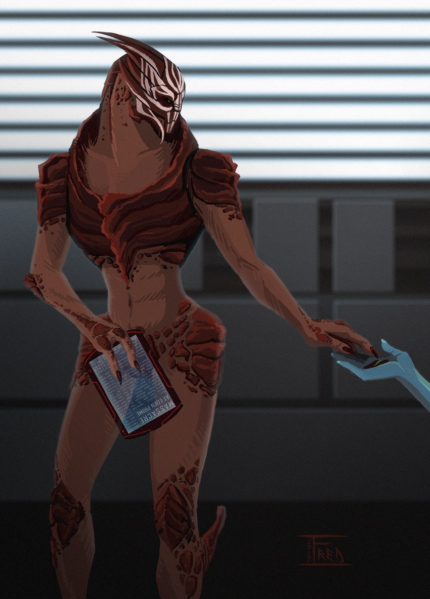 bodypaint convenient_censorship duo electronics face_paint female green_eyes male navel nude solo_focus standing tablet tablet_computer text thunderhead_fred bioware electronic_arts mass_effect nihlus_kryik alien alien_humanoid asari humanoid turian hi_res