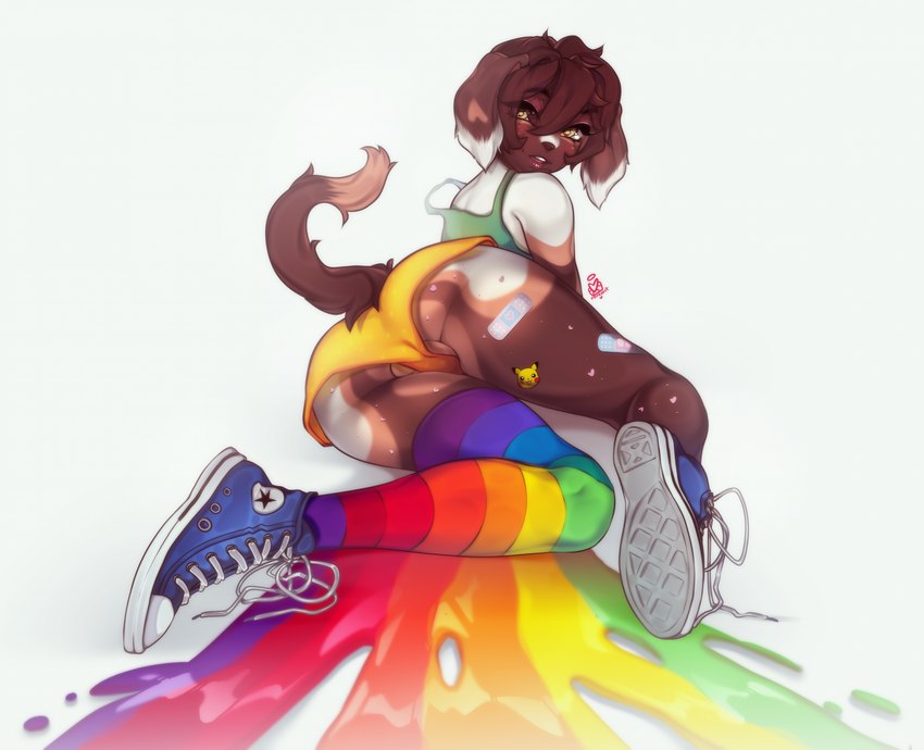 anthro balls bottomwear brown_body brown_fur clothing converse_shoes femboy floppy_ears footwear fur genitals half-closed_eyes hotpants legwear lying male narrowed_eyes on_side open_mouth open_smile rainbow shirt shoes shorts simple_background smile sneakers solo stockings tank_top topwear wardrobe_malfunction white_background white_body white_fur nenkoket chuck_taylor_all_stars converse converse_(shoe_brand) spook_(thegreatfloki) canid canine canis domestic_dog mammal absurd_res hi_res