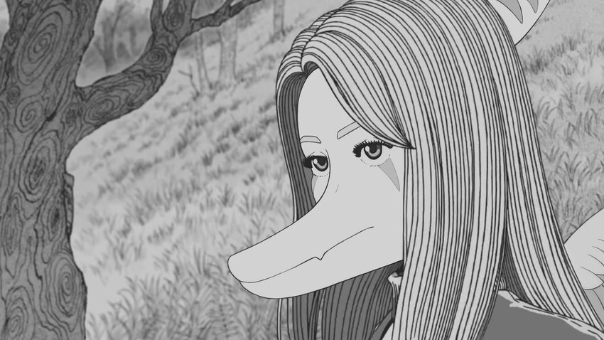 anthro clothed clothing female grass hair half-closed_eyes long_hair long_snout markings narrowed_eyes plant snout solo tree blackholedog1 cavemanon_studios goodbye_volcano_high junji_ito_(copyright) snoot_game uzumaki fang_(gvh) dinosaur prehistoric_species pterodactylus pterosaur reptile scalie crossover hi_res monochrome sketch