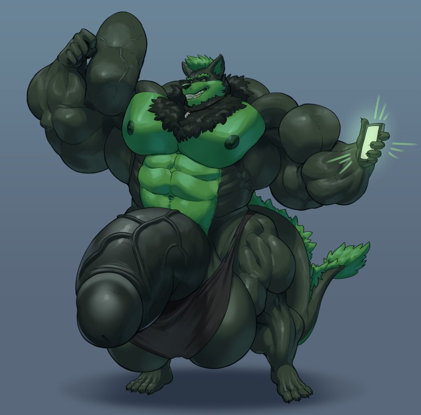 4_toes 5_fingers abs anthro areola balls barely_contained barely_contained_penis biceps big_balls big_muscles big_penis biped black_body_hair cellphone claws clothed clothing countershade_fur countershading electronics feet fingers flaccid flexing flexing_bicep foreskin fur genitals glans green_body green_countershading green_fur green_hair grin growth hair holding_cellphone holding_object holding_phone huge_balls huge_muscles huge_penis humanoid_genitalia humanoid_hands humanoid_penis hyper hyper_balls hyper_genitalia hyper_muscles hyper_penis looking_at_self male muscle_growth muscular muscular_anthro muscular_male navel nipples paws pecs penis phone plantigrade purple_eyes simple_background smile solo tail thick_penis toe_claws toes underwear underwear_only guzreuef thomas_green canid canine canis mammal wolf 2020 digital_drawing_(artwork) digital_media_(artwork) hi_res