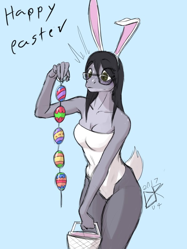 anal_beads anthro black_hair breasts bunny_costume cleavage clothed clothing costume easter_anal_beads eyewear female glasses hair medium_breasts sex_toy simple_background solo standing suggestive ldr the_assistant dtella four-clawed_gecko gecko lizard reptile scalie 2017 3:4 absurd_res digital_media_(artwork) hi_res