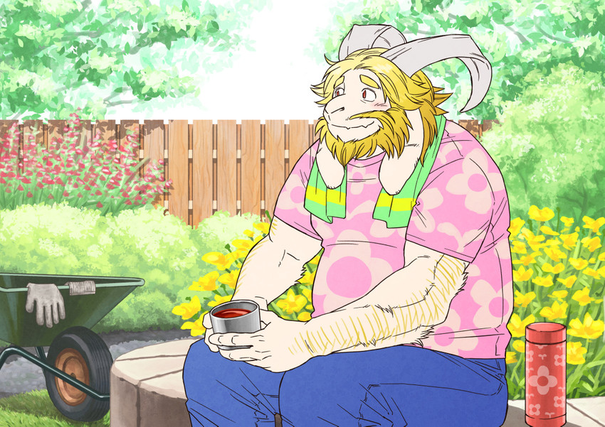 anthro beard blonde_hair blush bottomwear clothing detailed_background facial_hair hair horn humanoid_hands kemono long_ears male mature_anthro mature_male outside overweight overweight_anthro overweight_male pants shirt solo topwear ryuta-h undertale undertale_(series) asgore_dreemurr boss_monster_(undertale) bovid caprine mammal 2016