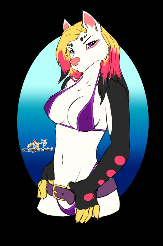 anthro belt bikini breasts clothed clothing female glare ironartist looking_at_viewer midriff navel nipple_outline purple_eyes simple_background skimpy solo swimwear text transparent_background two-piece_swimsuit azaleesh merena_(azaleesh) canid canine mammal 2:3 alpha_channel english_text hi_res url