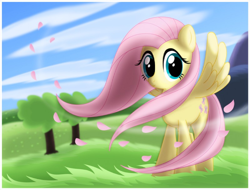 blue_eyes cloud cutie_mark feathered_wings feathers female feral fur grass hair looking_at_viewer outside petals pink_hair plant sky solo tree wind wings yellow_body yellow_feathers yellow_fur ctb-36 friendship_is_magic hasbro my_little_pony mythology fluttershy_(mlp) equid equine mammal mythological_creature mythological_equine pegasus