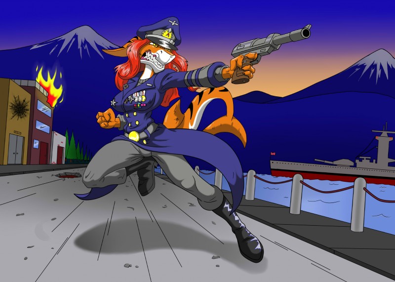 4_fingers amber_eyes angry anthro battleship big_breasts boots bottomwear breasts clothed clothing coat detailed_background female fingers fire fist footwear hair hat headgear headwear long_hair mountain non-mammal_breasts orange_body orange_skin pants police ranged_weapon red_hair running sharp_teeth ship shoes small_waist snarling solo teeth topwear uniform vehicle warship watercraft weapon jeremy_biskner admiral_angelika_chiraneau fish marine shark hi_res