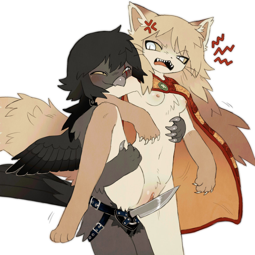 angry anthro anthro_on_anthro arm_bite beak black_collar black_nose black_wings blonde_hair breasts brown_body brown_feathers brown_fur brown_hair brown_tail brown_wings claws cloak cloak_only clothing collar cross-popping_vein duo eye_scar facial_scar feathered_wings feathers feet female female/female female_anthro frown fur genital_danger_play genitals grey_claws grinding hair handpaw hindpaw humanoid_genitalia humanoid_vulva imminent_gore imminent_impalement imminent_sex imminent_vaginal kemono knife knife_play long_hair mostly_nude_anthro mostly_nude_female multicolored_cloak multicolored_clothing multicolored_hair navel nipples open_mouth orange_nipples orange_tongue orange_vulva paws questionable_consent quilt scar sharp_teeth small_breasts strapon tail tan_body tan_breasts tan_fur tan_hair tan_tail teeth tongue two_tone_hair vulva white_eyes wings yellow_sclera jejejunum felicity_(jejejunum) jejunum_(jejejunum) avian bird corvid corvus_(genus) crow domestic_cat felid feline felis mammal oscine passerine ragdoll_cat 1:1 2025 digital_drawing_(artwork) digital_media_(artwork) hi_res portrait three-quarter_portrait