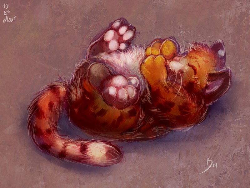 ambiguous_gender eyes_closed feral fluffy fur happy lying nude on_back orange_body orange_fur pawpads pink_nose simple_background solo textured_background whiskers white_body white_fur white_pawpads young young_feral dlost felid mammal 2014 4:3 signature warm_colors