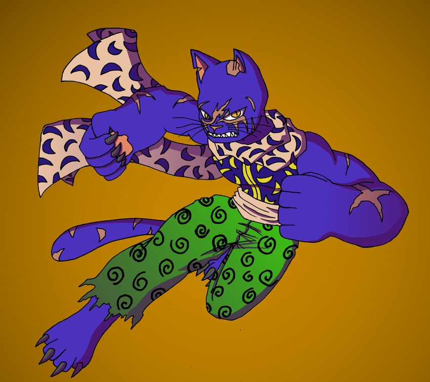 animal_kingdom anthro blue_body blue_fur bottomwear clothing doubutsu_no_kuni fur male pants pattern_bottomwear pattern_clothing pattern_pants print_bottomwear print_clothing print_pants scar scarf solo spiral_print efradraws kurokagi felid feline lynx mammal absurd_res comic digital_media_(artwork) hi_res