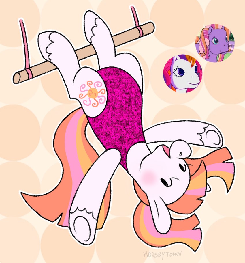 acrobat acrobatics black_eyes blonde_mane blush closed_smile clothing cutie_mark dot_eyes eyelashes feathering female female_feral feral fur grass group hooves leotard long_tail looking_at_viewer mane mouth_closed multicolored_mane multicolored_tail orange_mane orange_tail outline pigtails pink_clothing pink_leotard pink_mouth pink_tail plant purple_body purple_eyes purple_fur purple_mane quadruped simple_background smile smiling_at_viewer tail tan_background teal_eyes text trapeze trio upside_down white_body white_fur white_hooves white_outline yellow_tail greengrizz hasbro mlp_g3 my_little_pony fan_character somersault_(evenoelle) sunny_daze_(mlp_g3) twinkle_twirl_(mlp) earth_pony equid equine horse mammal pony 2021 artist_name digital_drawing_(artwork) digital_media_(artwork) flat_colors hi_res