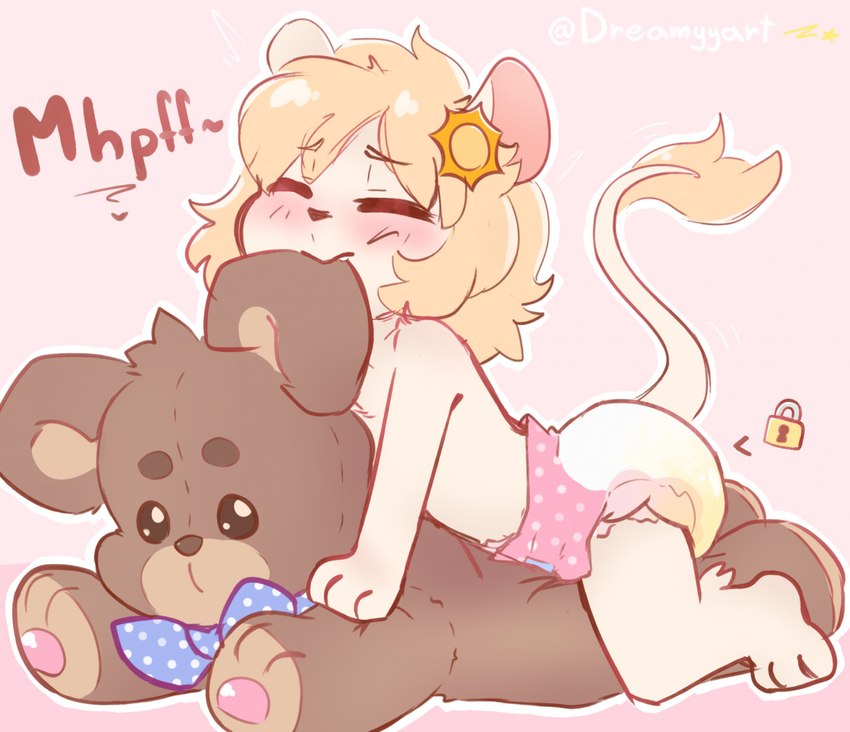 ambiguous_gender anthro blonde_hair blue_bow blush bodily_fluids bottomwear brown_text chastity_device chastity_diaper clothing diaper diaper_humping eyes_closed fur genital_fluids hair heart_symbol humping humping_plushie outline pink_background pink_diaper pink_ears plushie plushophilia simple_background star tail tan_body tan_fur teddy_bear text unclean_diaper underwear unusual_chastity urine used_diaper vocalization vowelless vowelless_vocalization wet_diaper wetting white_outline white_text young young_ambiguous young_anthro dreamyart mammal mouse murid murine rodent 2021 watermark