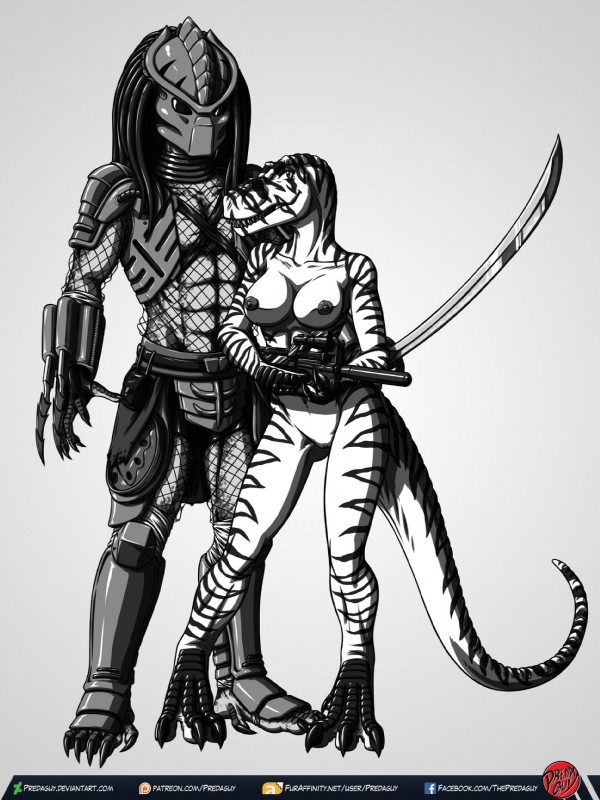 anthro areola armor breasts claw_(weapon) clawed_vambrace claws clothing curved_sword duo female genitals melee_weapon nipples non-mammal_breasts pussy stripes sword text vambrace weapon predaguy anthrosaurs predator_(franchise) amora_the_t-rex kashyll_(predaguy) dinosaur prehistoric_species reptile scalie theropod yautja digital_media_(artwork) hi_res url