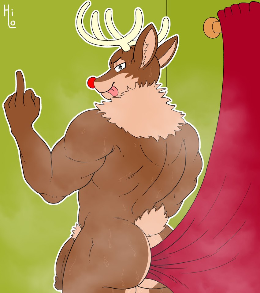 anthro antlers big_penis brown_body brown_ears brown_fur brown_tail butt curtains fur genitals gesture half-closed_eyes hand_gesture holidays horn inside looking_at_viewer looking_back male middle_finger muscular muscular_anthro muscular_male musk musk_clouds narrowed_eyes penis pubes rear_view red_nose scut_tail short_tail solo standing tail thick_thighs three-quarter_view tongue tongue_out white_antlers itsme_hilo christmas rudolph_the_red-nosed_reindeer deer mammal new_world_deer reindeer 2024 artist_name digital_media_(artwork) hi_res