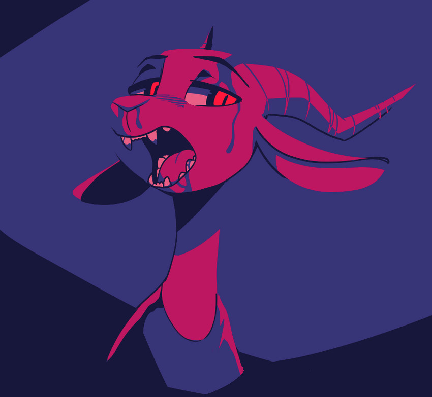 2_horns ambiguous_gender anthro blood bodily_fluids clothed clothing facial_markings fangs half-closed_eyes head_markings horn markings narrowed_eyes open_mouth pupils purple_background red_eyes shirt simple_background slit_pupils solo teeth topwear fuel_(artist) chico_(fuel) antelope bovid gazelle mammal vampire 2021 bust_portrait portrait restricted_palette