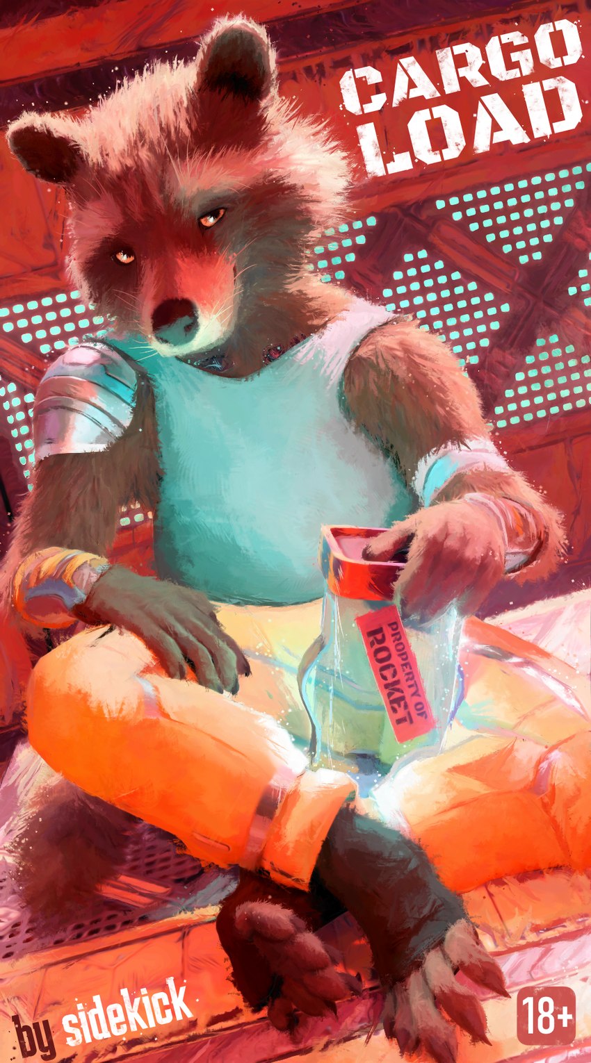 armor bottomwear brown_body brown_fur clothing detailed_background footwear fur looking_at_viewer pants pauldron shirt sitting snout tank_top toeless_footwear topwear whiskers wrist_guards sidekick guardians_of_the_galaxy marvel rocket_raccoon mammal procyonid raccoon cover cover_art cover_page hi_res