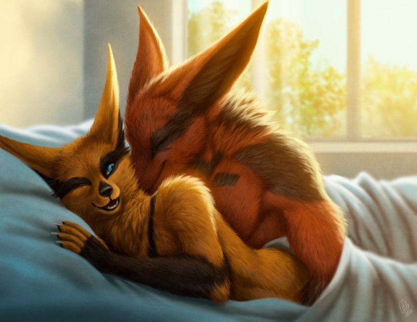 anthro anthro_on_anthro bed cuddling duo eyes_closed fangs fur furniture happy hug hugging_another looking_at_another lying male male/male nude on_bed on_front one_eye_closed open_mouth orange_body orange_fur romantic romantic_ambiance romantic_couple smile teeth under_covers window kippycube ceylis hel_(shiretsuna) canid canine fox mammal 2021 digital_media_(artwork)