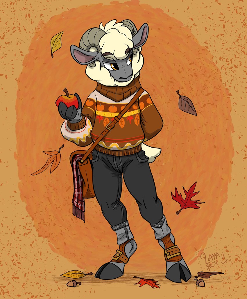 acorn anthro apple autumn clothing food footwear fruit fur furgonomic_footwear furgonomics hand_behind_back holding_food holding_object hoof_hands hooves horn leaf male nut_(fruit) plant satchel scarf simple_background solo white_body white_fur wool_(fur) llamaboy bovid caprine mammal sheep absurd_res hi_res signature