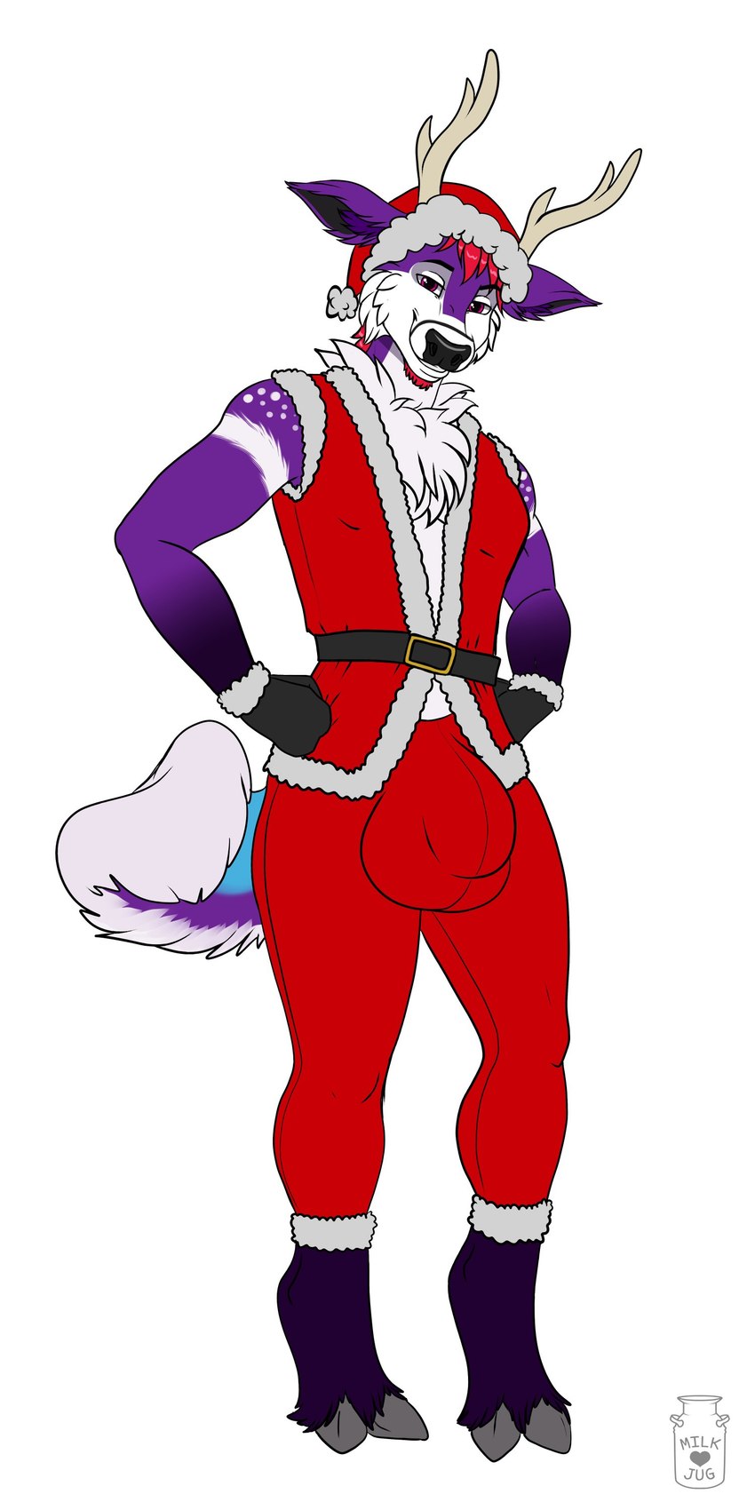 anthro antlers balls_outline big_bulge black_nose bottomwear bulge clothed clothing detailed_bulge front_view fully_clothed fully_clothed_anthro fully_clothed_male fur genital_outline holidays horn huge_bulge light logo looking_at_viewer male markings narrowed_eyes pants penis_outline purple_body purple_fur red_bottomwear red_clothing red_eyes red_pants red_topwear solo standing tan_antlers topwear white_markings milk-jug christmas rush_deersky deer mammal 1:2 2021 absurd_res artist_logo colored digital_drawing_(artwork) digital_media_(artwork) english_description full-length_portrait hi_res lighting portrait