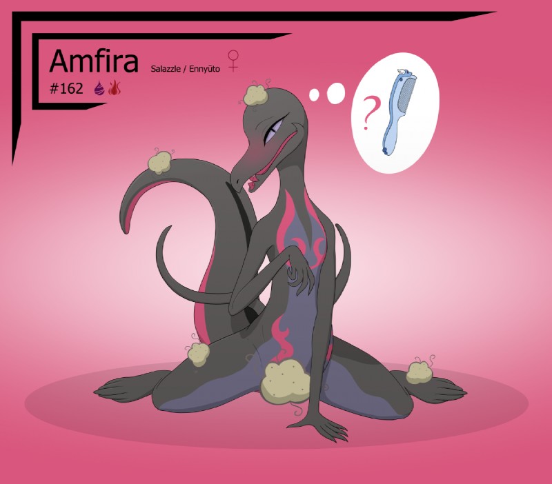 anthro brush comb_(brush) female hairbrush semi-anthro simple_background solo suggestive drake_drachenlicht nintendo pokemon pokemon_refresh generation_7_pokemon pokemon_(species) reptile salazzle scalie 2017