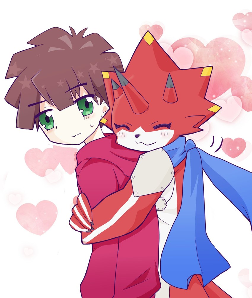 anthro blush claws duo heart_symbol horn hug male red_body scarf smile juglans_b612 bandai_namco digimon digimon_ghost_game hiro_amanokawa betelgammamon digimon_(species) human mammal hi_res