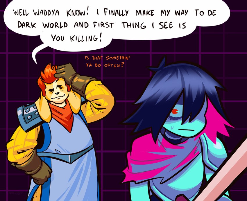 ambiguous_gender anthro armor bodily_fluids dialogue duo hair hand_on_head male melee_weapon red_eyes red_hair rubbing_head speech_bubble sweat sweatdrop sword text weapon angusburgers columbo_(series) deltarune undertale_(series) columbo kris_(deltarune) animal_humanoid canid canid_humanoid canine canine_humanoid canis domestic_dog human humanoid mammal mammal_humanoid crossover english_text hi_res