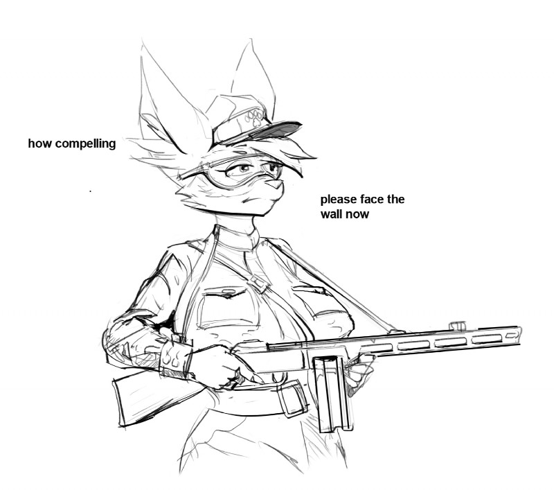 5_fingers anthro big_breasts breasts clothed clothing crossgender dialogue eyewear female fingers goggles gun hat headgear headwear looking_away mascot military ppsh-41 ranged_weapon simple_background soldier solo submachine_gun text trigger_discipline uniform warrior weapon white_background nezari fifa zabivaka canid canine canis mammal wolf black_and_white english_text hi_res monochrome sketch