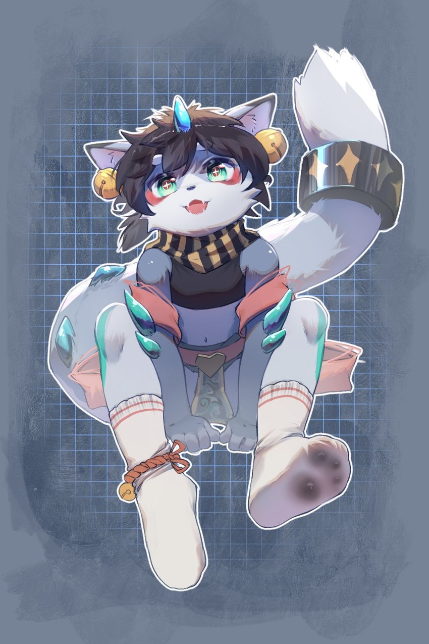 4_fingers anthro bell blue_body clothing feet fingers footwear green_eyes kemono male open_mouth pawpads simple_background sitting socks solo topwear young young_anthro young_male ningning mammal 2:3 hi_res