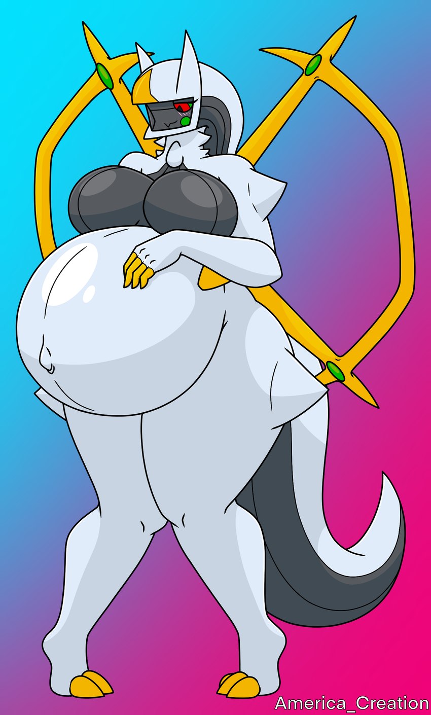 anthro anthrofied belly big_belly big_breasts blush breasts female multicolored_body navel nude pokemorph pregnant pregnant_anthro pregnant_female red_eyes simple_background smile solo tail thick_thighs white_body arceus_tummy nintendo pokemon arceus generation_4_pokemon legendary_pokemon pokemon_(species) absurd_res digital_media_(artwork) hi_res