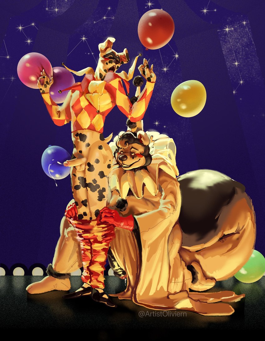 anthro clothing costume duo ejaculation embarrassed genitals harlequin male male/male open_mouth pierrot_costume theater undressing wardrobe_malfunction littleoliviern canid canine canis dalmatian domestic_dog mammal mephitid skunk hi_res