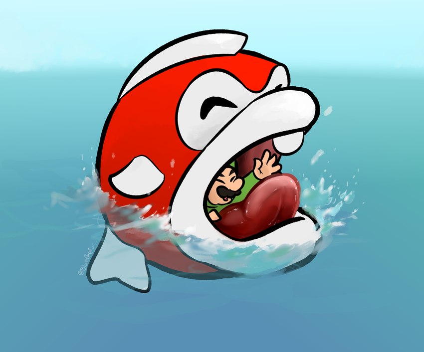 ambiguous_gender ambiguous_pred duo eyes_closed facial_hair feral feral_pred human_prey imminent_death imminent_vore male male/ambiguous male_prey mustache one_tooth red_body red_scales scales tongue vore water blurthefur mario_bros nintendo mario boss_bass cheep_cheep fish human mammal marine