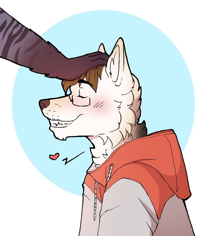 anthro blush blush_lines clothing duo eyewear fluffy glasses headpat hoodie intersex intersex/male jacket male patting scruffy solo toothy_grin topwear morgdl jacks_littleheart sabbyth bovid canid canine canis caprine domestic_cat felid feline felis goat hybrid mammal wolf pat_(disambiguation) hi_res