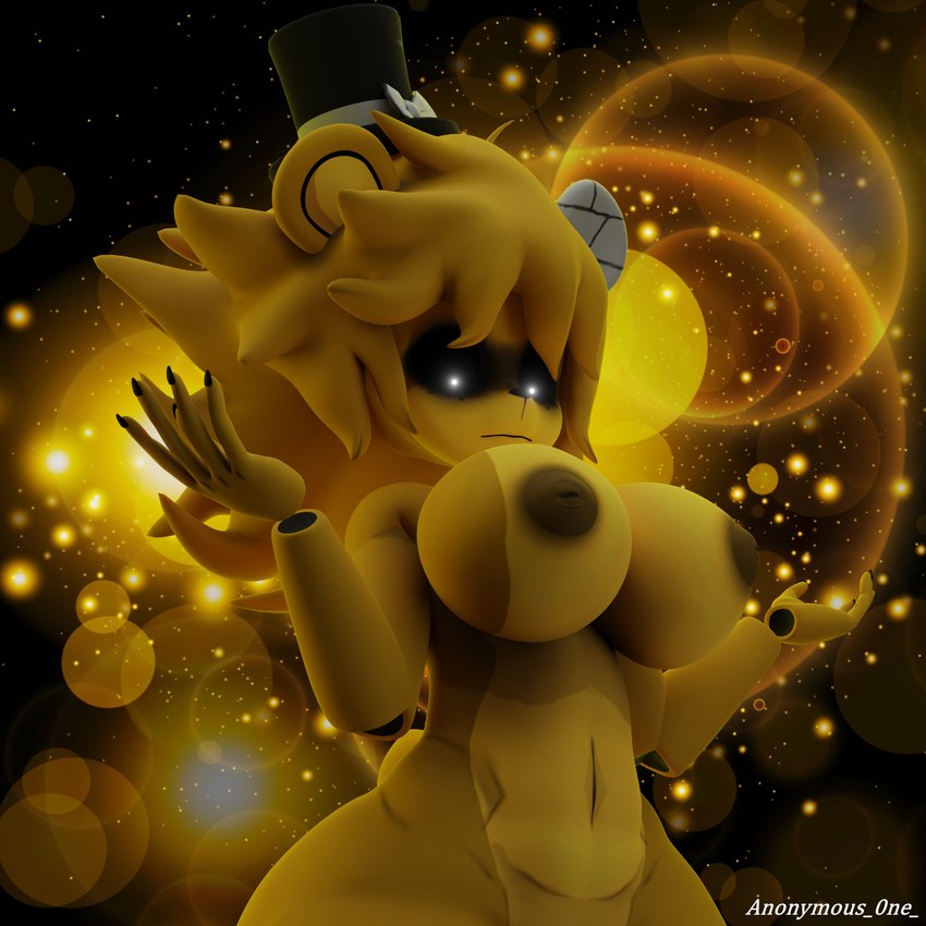 anthro areola big_breasts breasts clothing crossgender female gesture hat hat_only headgear headgear_only headwear headwear_only inverted_nipples mostly_nude mtf_crossgender nipples shrug solo top_hat anonymous_0ne five_nights_at_freddy's fredina's_nightclub scottgames golden_freddy_(fnaf) golden_fredina_(cally3d) bear ghost mammal spirit 1:1 2024 3d_(artwork) absurd_res digital_media_(artwork) hi_res