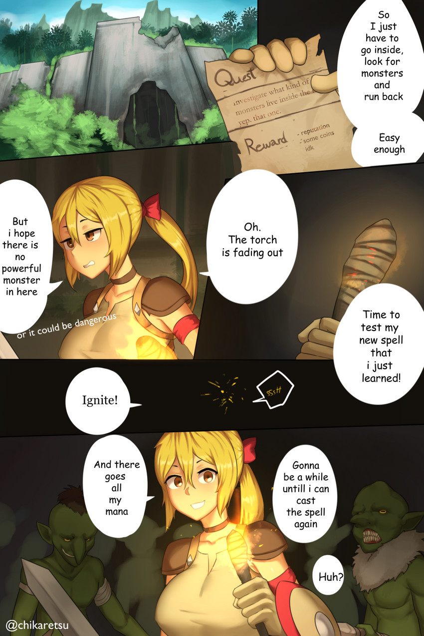 blonde_hair breasts cave clothing dialogue female group hair male not_furry surrounded text chikaretsu instant_loss_2koma lune_(chikaretsu) goblin human humanoid mammal 2020 comic english_text hi_res