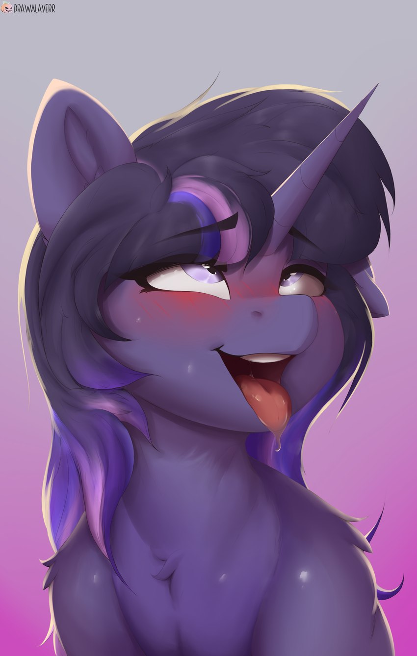 ahegao blush bodily_fluids drooling female feral horn looking_pleasured looking_up saliva saliva_string silly silly_face simple_background solo tongue tongue_out unicorn_horn drawalaverr hasbro my_little_pony mythology fan_character equid equine mammal mythological_creature mythological_equine unicorn absurd_res hi_res portrait